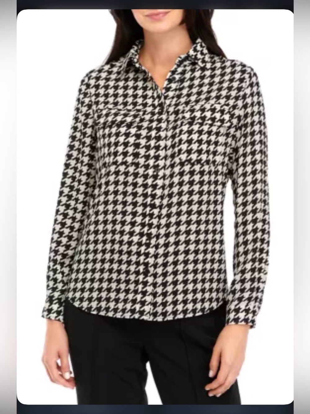 Classic Black & White Houndstooth Button-Down Shirt - Size 2